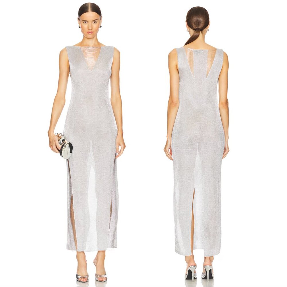 NEW CHET LO x REVOLVE Maxi Lux Ladder Dress in Silver Metallic Gown 4 6 8 XS S